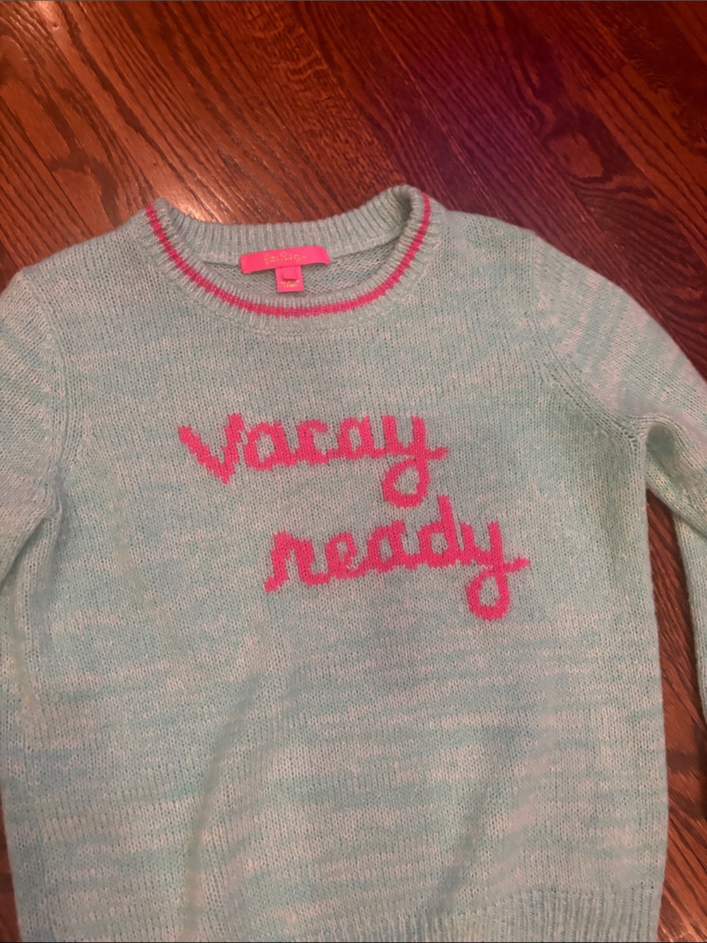 Lilly Pulitzer Aqua Crewneck Sweater with Pink "Vacay Ready" Script